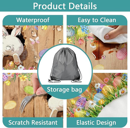 Easter Picnic Table Cover with Bench Covers, Cute Bunny Flower Brown Wooden Board Camping Tablecloth, Waterproof Windproof, Fitted Tablecloth Cover with Elastic Edge, for Outdoor, 3 PCS, 30x96 Inch