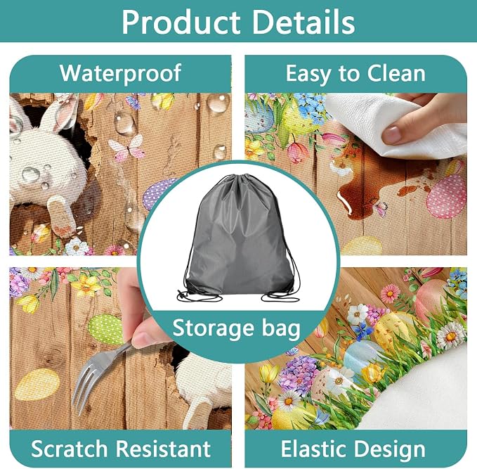 Easter Picnic Table Cover with Bench Covers, Cute Bunny Flower Brown Wooden Board Camping Tablecloth, Waterproof Windproof, Fitted Tablecloth Cover with Elastic Edge, for Outdoor, 3 PCS, 30x60 Inch