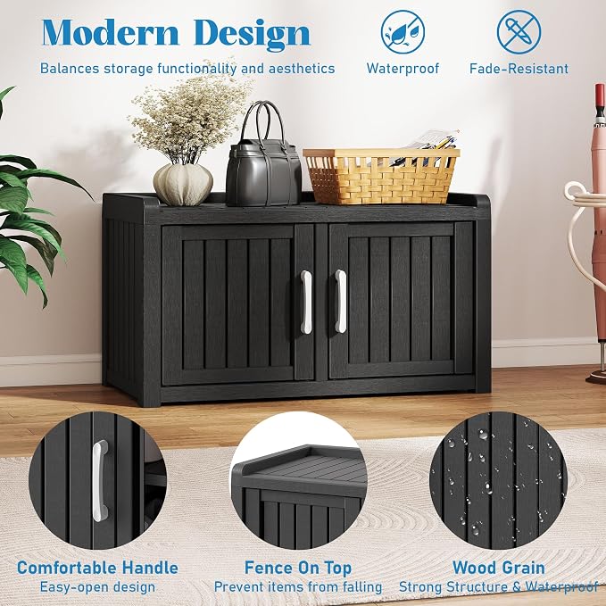 NUNU LAB Shoe Cabinet for Entryway,Waterproof Shoe Storage Cabinet with Adjustable Shelves for Living Room,Resin Storage Bench with Seat for Hallway,Shoe Bench with Doors for Foyer(Black, 2-Door)