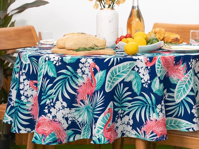 YiHomer Indoor Outdoor Tabletop for Spring Summer Decorations, Picnics and Dinner Parties - Stain and Water Resistant, Flamingo Dancing, Tablecloth, 60" Round