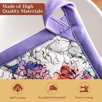 Maison d' Hermine Pot Holders 100% Cotton Heat Resistant Potholders 8" x 8" Hot Pads with Loop BBQ Cooking Baking Hotel Farmhouse Kitchen Handling Hot Pans Spring Summer (Pack of 1, Floral Love)