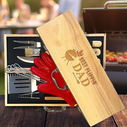 11-Piece BBQ Grilling Set with Engraved Maple Wood Box, Premium Stainless Steel Barbecue Tools with Wooden Handles for Dad – Best Flipping Dad Idea