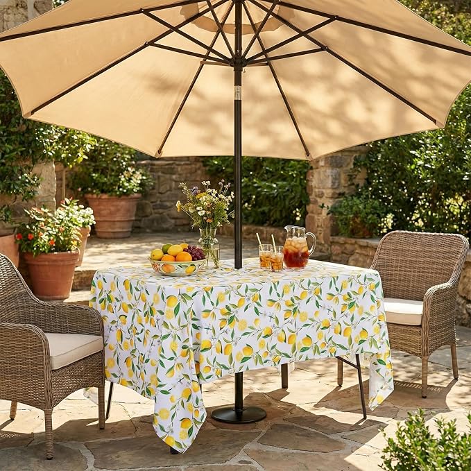 SquarePie Outdoor Tablecloth with Umbrella Hole Rectangle - 60x84 Inch Water Resistant SpillProof Zippered Patio Table Cover for Spring Summer Garden Camping Poolside Picnic, Summer Lemon