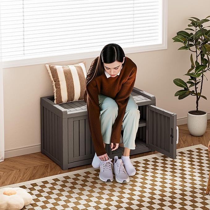 Bifanuo Shoe Storage Cabinet, 2-Door Outdoor Storage Bench with Adjustable Shelves, Waterproof UV-Resistant for Hallway, Living Room, Entryway, Large Capacity Modern Organizer (Grey)
