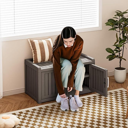 Bifanuo Shoe Storage Cabinet, 2-Door Outdoor Storage Bench with Adjustable Shelves, Waterproof UV-Resistant for Hallway, Living Room, Entryway, Large Capacity Modern Organizer (Grey)