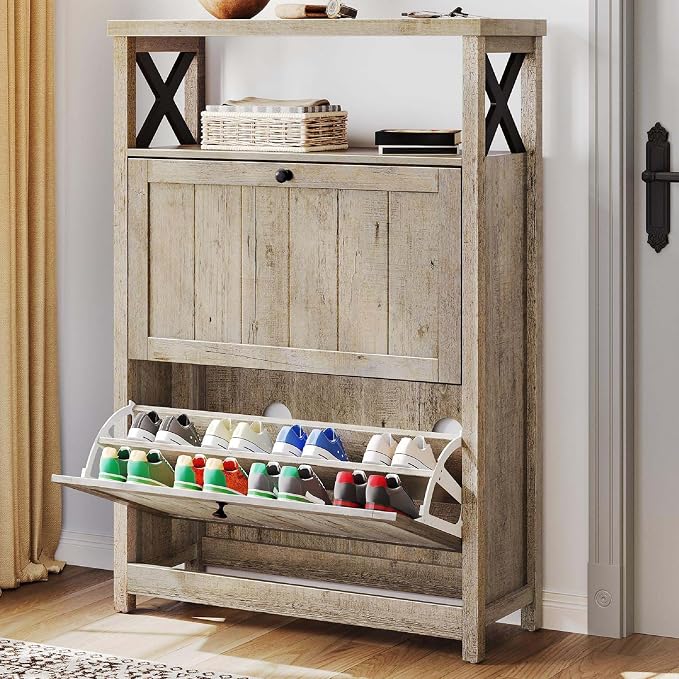 YITAHOME Shoe Cabinet with 2 Flip Drawers | Entryway Shoe Storage Cabinet with Open Shelves, Free Standing Hidden Shoe Rack Storage Organizer for
