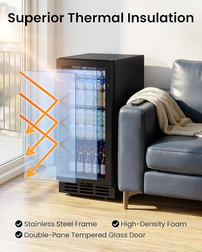 15 Inch Beverage Refrigerator 130 Cans | Under Counter Glass Door | 15 in beverage refrigerator, 130 cans, glass door, LED, lock, built-in or freestanding, quiet cooling for home, bar, kitchen
