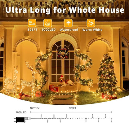 328FT 1000 LED Christmas Lights Outdoor Waterproof, Timer & Memory Function, 8 Modes Warm White String Lights Plug in Twinkle Lights for Xmas Tree Holiday Garden Indoor Party Decor