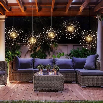 PXBNIUYA 3 Pack 600 LED Solar Starburst Sphere Lights Remote Control,LED Firework Light 8 Modes Dimmable Waterproof Hanging Fairy Light, Copper Wire Lights for Patio Parties Christmas (Warm White)