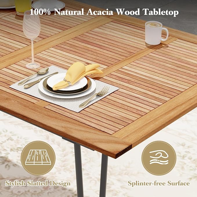 Tangkula 86.5" Large Patio Dining Table for 8, Acacia Wood 8-Person Dining Table with 2" Umbrella Hole & Metal Legs & Adjustable Foot Pads, Rectangular Outside Table for Garden, Poolside & Backyard