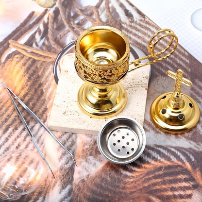 Yawlsow Incense Burner, Frankincense Charcoal Incense Stand, Bakhoor Incense Burner Holder, Ideal for Aromatherapy, Yoga and Spa, Home and Christian Church Censer, (Gold*2)