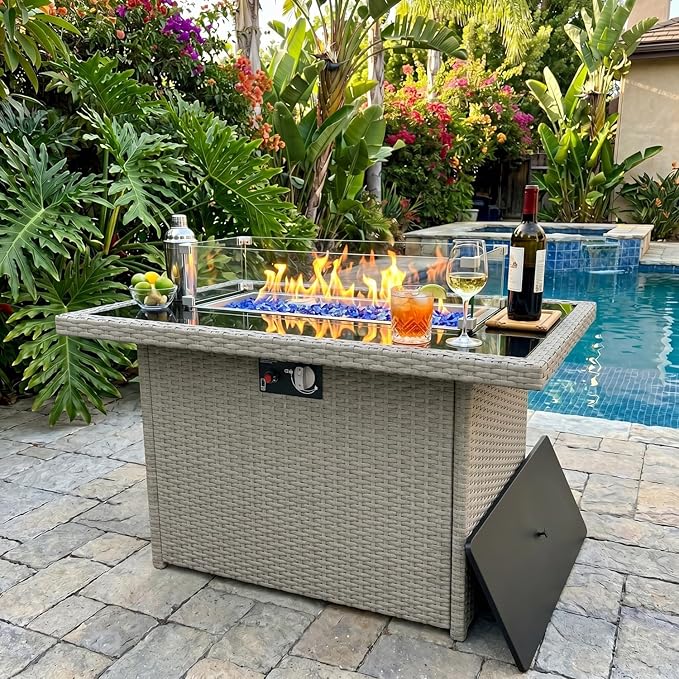 Propane Fire Pit Table, 44" Outdoor Gas Fire Pit with Glass Wind Guard & Waterproof Cover