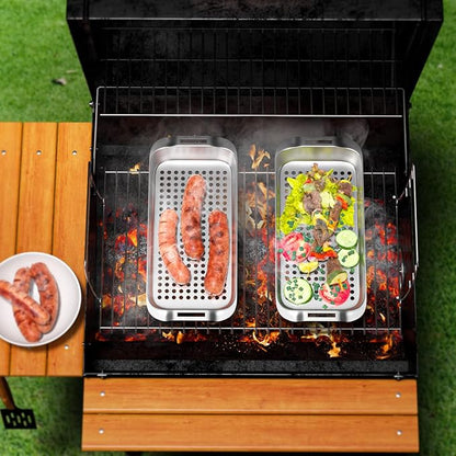 Grill Basket Set - BBQ Grill Tray with 3-Piece Grill Basket & Universal Handle, Heavy-Duty Stainless Steel, Dishwasher Safe, Rust-Resistant for Outdoor Cooking, Camping, Picnic, Gas, Charcoal Grills