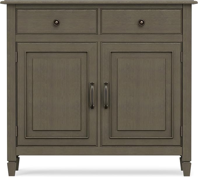 SIMPLIHOME Connaught 40" Wide Solid Wood Cabinet in Farmhouse Grey | Traditional slim entryway and living room organizer for hats, gloves, shoes and keys with space-saving storage design.