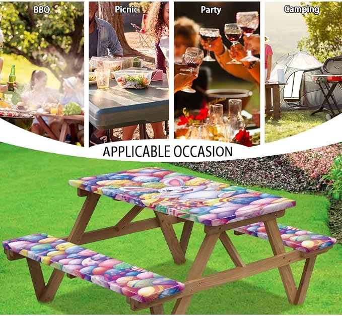 Easter Bunny Eggs Picnic Table Cover for Outdoor Camping Easter Bunny Eggs Elastic Fitted Table Cloth for Camping Party Supplies 3 PCS Set