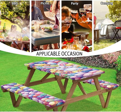 Easter Bunny Eggs Picnic Table Cover for Outdoor Camping Easter Bunny Eggs Elastic Fitted Table Cloth for Camping Party Supplies 3 PCS Set