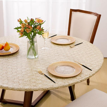Romanstile Round Fitted Vinyl Tablecloth with Elastic Edge 100% Waterproof | Table Covers for 45"- 56" Tables, Wipeable Flannel Backed Plastic Table Cloths for Dinner, Picnic, Camping, Outdoor, Weave