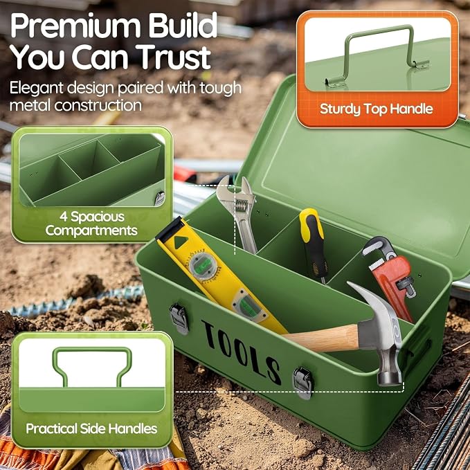 Flexzion 12-Inch Metal Seed Storage Box with Lid, 4 Compartments, Green | Seed packet organizer with dual latches and carry handles for gardening supplies, tools, crafts and household essentials