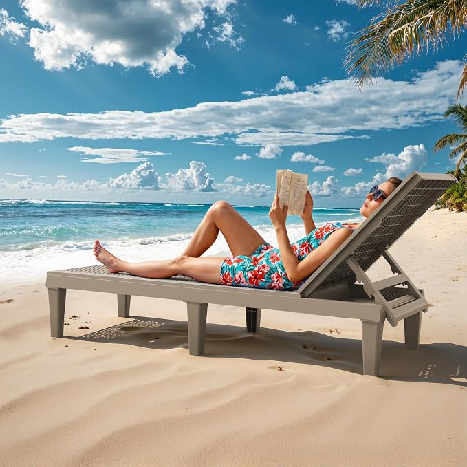 Greesum Lounge Chairs Set of 2 All Weather Outdoor Angle Adjustable Chaise for Beaches,Gardens,Decks and Pools,Light Coffee