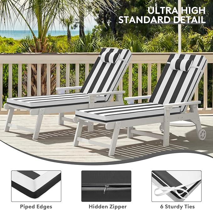 Chaise Lounge Cushion for Outdoor Furniture, Waterproof, Fade-Resistant and Tear Resistant, Patio Lounger Pads with Removable Cover for Pool, Deck, Lawn, 72x21x4 Inch, Black & White Stripe