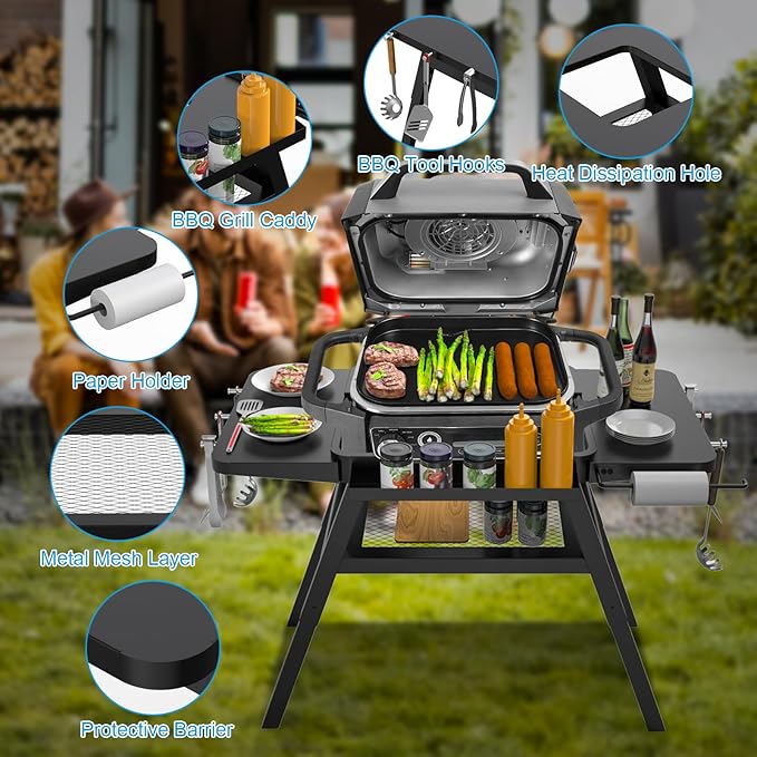 Grill Stand for Ninja Woodfire Outdoor Grills, Portable Adjustable Grill Cart Table for Ninja XSKUNSTAND OG700 OG800 OG900 OO101 Series & for Artisan MO201 Pizza Oven Stand Accessories with Shelves