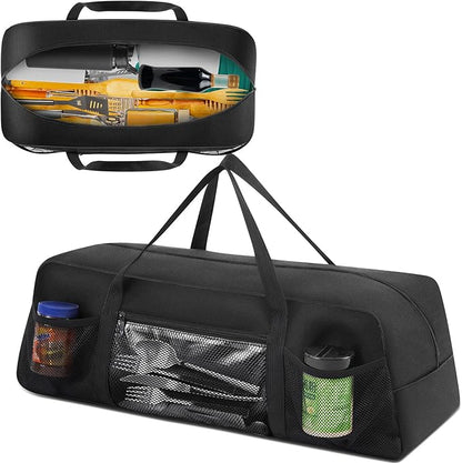 24" Grill Tool Storage Bag, Heavy Duty Waterproof BBQ Tools Bag, 24" x 8" x 8", Large Grill Utensil Storage Caddy with Pockets, BBQ Accessories for Outdoor Barbecue, Camping, Hiking(Black)