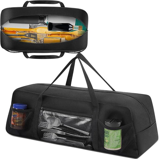 24" Grill Tool Storage Bag, Heavy Duty Waterproof BBQ Tools Bag, 24" x 8" x 8", Large Grill Utensil Storage Caddy with Pockets, BBQ Accessories for Outdoor Barbecue, Camping, Hiking(Black)