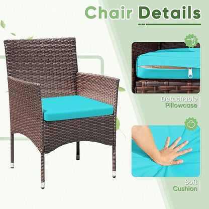 Greesum 3 Pieces Patio Dining PE Rattan Wicker Chair Furniture Set with Cushion and Glass Coffee Table for Outdoor Garden Backyard Poolside, Brown and Blue