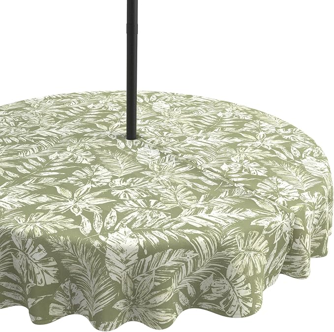 LVTXIII Round Outdoor Tablecloth with Umbrella Hole and Zipper, Water-Repellent 60 Inch Patio Table Cover for Bistro, Garden, Patio & Picnic, Tropical Leaf Green