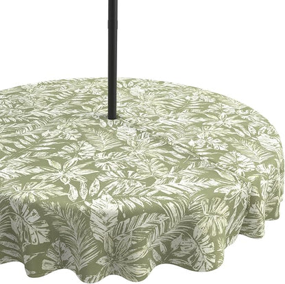 LVTXIII Round Outdoor Tablecloth with Umbrella Hole and Zipper, Water-Repellent 60 Inch Patio Table Cover for Bistro, Garden, Patio & Picnic, Tropical Leaf Green