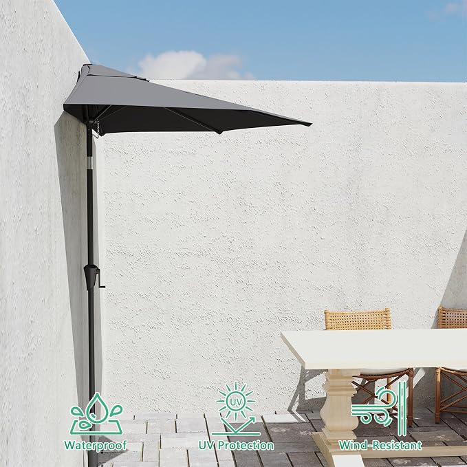 Helios&Hestia 9 ft Small Half Round Wall Outdoor Market Patio Umbrella with Tilt and Crank for Garden, Deck, Balcony