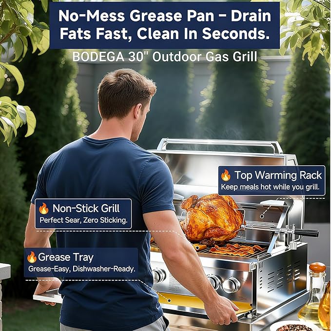 BODEGA Stainless Steel Outdoor Drawer Cabinets For 30 Inch Outdoor Kitchen Propane Gas Grill with 2 Drawers and Propane Tank Storage, Rotisserie Chicken Fork Kit, Use For Backyard BBQ, Camping, RV.
