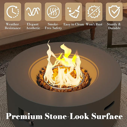 32.5 Inch Propane Fire Pit Table, 50,000 BTU Round Patio Fire Pit Table Outdoor, CSA Certified, Stainless Burner with Steel Lid, Waterproof Cover & Lava Rocks, for Garden Backyard, Gray