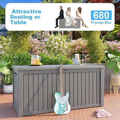 Vixzen 200 Gallon Deck Boxes Outdoor Waterproof, Resin Lockable Storage Box for Patio Cushions Storage Furniture, Garden Tools, Pool Supplies, Weatherproof and UV Resistant (Grey, 200 Gallon)
