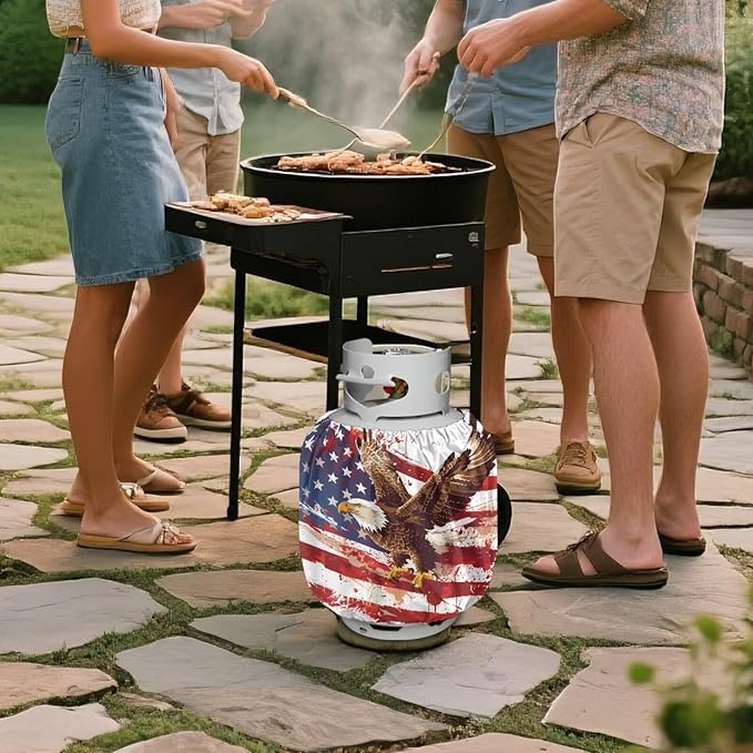 Dual Propane Tank Cover 20lb Gas Tank Cover Outdoor 600D Heavy Duty Waterproof Covers Fits Standard 20 lb Cylinder, 13.7'' x 16.5'' USA Flag Eagle