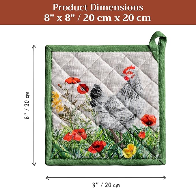 Maison d' Hermine Pot Holders 100% Cotton Heat Resistant Potholders 8" x 8" Hot Pads with Loop BBQ Cooking Baking Hotel Farmhouse Kitchen Handling Hot Pans Spring Summer (Pack of 1, Basse Cour)