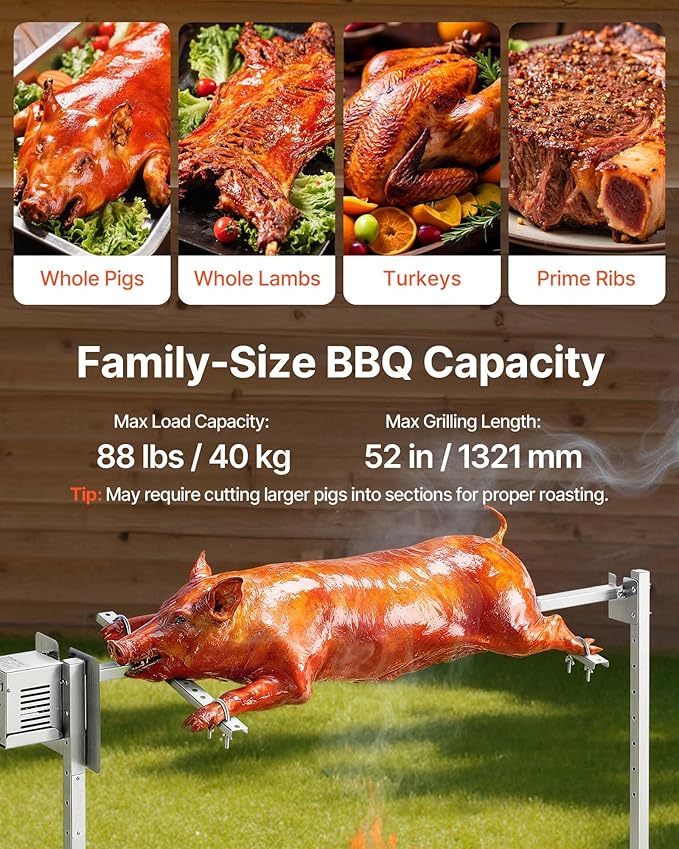 VEVOR Rotisserie Grill, 8 Level Height Stainless Steel Electric Rotisserie Grill Kit, 88 lbs Load Capacity BBQ Grills Rotisseries Kit with 38W Motor, Automatic Grilling Kits for Parties