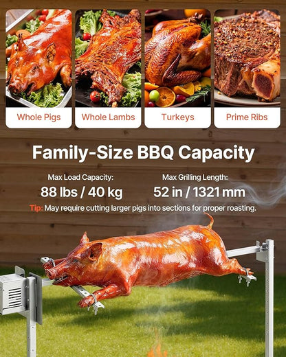VEVOR Rotisserie Grill, 8 Level Height Stainless Steel Electric Rotisserie Grill Kit, 88 lbs Load Capacity BBQ Grills Rotisseries Kit with 38W Motor, Automatic Grilling Kits for Parties