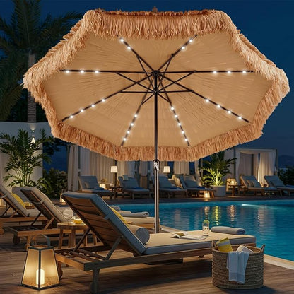CroBlissful 10 ft Solar Tiki Umbrella with 32 LED Lights, Hula Thatched Patio Umbrella, UPF 50+, Hawaiian Style Beach Umbrellas for Garden, Beach, Pool, and Backyard