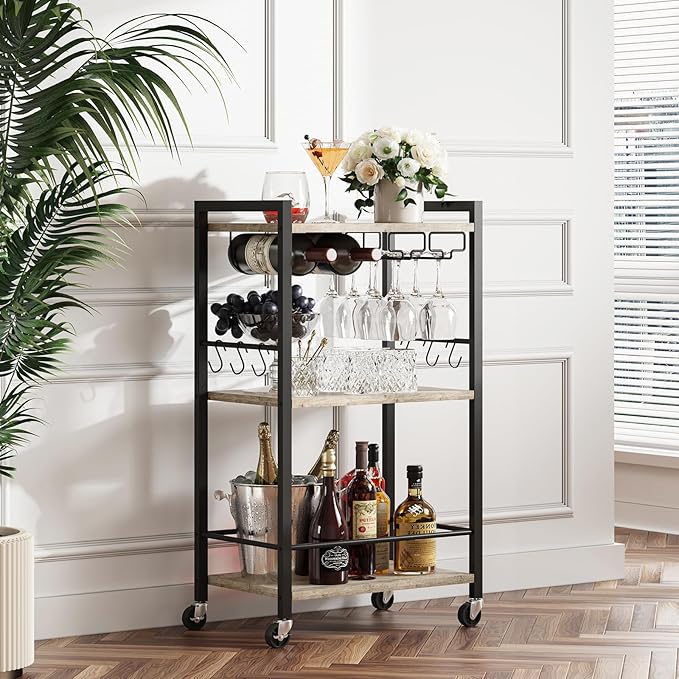 TUTOTAK Bar Cart with Wheels, Mini Drink Cart with Wine Rack & Glass Holder | 3-Tier 17 Inch Wide Home Bar Serving Carts, Small Mobile Kitchen Shelf with 6 Hooks, Greige BC01BG035