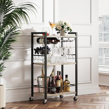 TUTOTAK Bar Cart with Wheels, Mini Drink Cart with Wine Rack & Glass Holder | 3-Tier 17 Inch Wide Home Bar Serving Carts, Small Mobile Kitchen Shelf with 6 Hooks, Greige BC01BG035