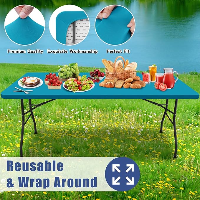 Moosfor 2 Pack Rectangle Spandex Fitted Table Cloth, 6FT Elastic Tablecloth | Washable Picnic Table Cover, Stretch Waterproof Table cloths for Party, Patio, Dining, Kitchen, 30" x 72", Teal