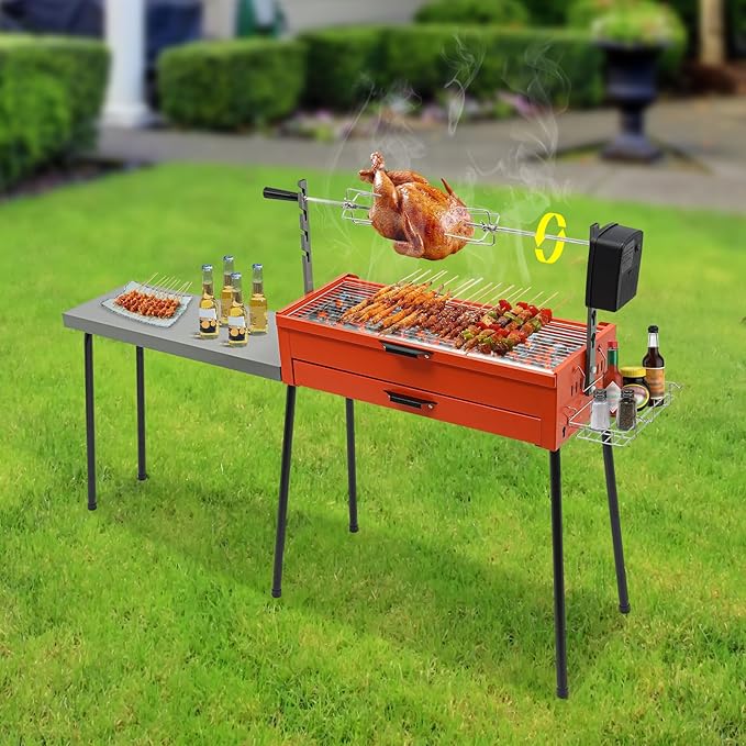 Portable Charcoal Grills Outdoor Cooking Automatic Rotisserie Grill Foldable Charcoal BBQ Barbecue Grills Stainless Steel Lamb Skewer Chicken Grill with Table for Patio Camping Picnic