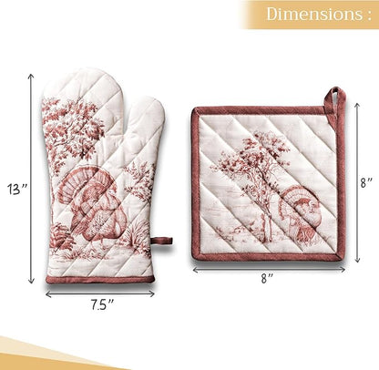 Maison d' Hermine 100% Cotton Oven Mitt & Pot Holder Set (7.5"x13" & 8"x8") Heat Resistant BBQ Cooking Gloves with Loop for Thanksgiving Christmas Decorations Handling Hot Pans (Holy Jouy - Brown)