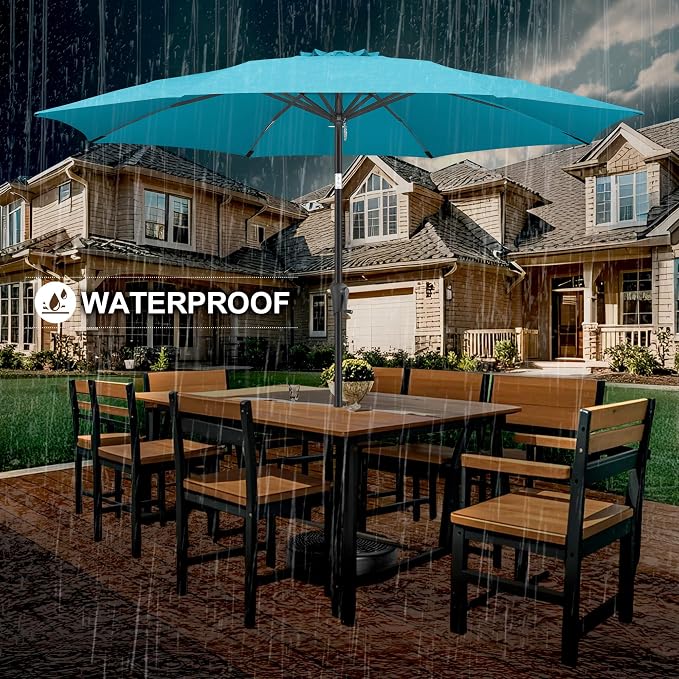 FLAME&SHADE Patio Umbrella Outdoor with Push Button Tilt, 10 ft Aqua Blue | UV Protection, Waterproof, 8 Sturdy Ribs, Porch Deck Umbrella for Pool, Table, Garden, Backyard, Provides Shade