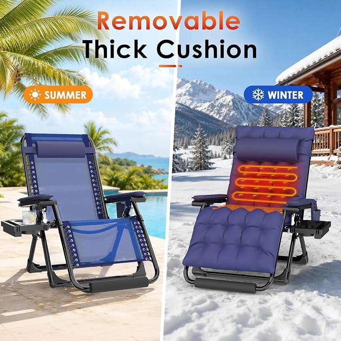 Slendor Heated Oversized Zero Gravity Chairs 33In, XXL Lounge Chair, Blue | Anti Gravity Recliner with 3 Heat Levels for Back & Seat, Headrest & Cup Holder, Folding, Supports 500lbs, (Battery Not)