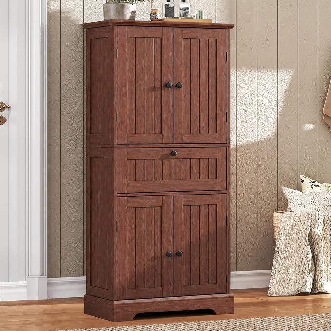 ChooChoo 51" H Bathroom Floor Cabinet with Drawers and Adjustable Shelves | Bathroom Storage Cabinet, Freestanding Kitchen Pantry Cupboard with 4 Doors for Living Room, Walnut