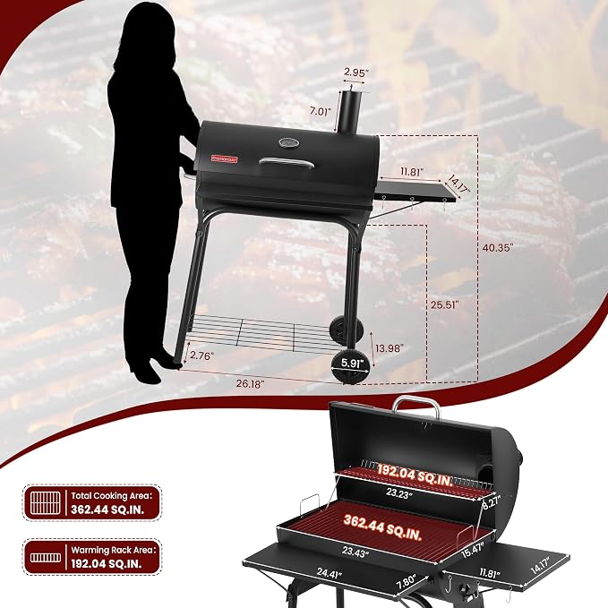 Barrel Charcoal Grill, 554 Sq. In. Large Outdoor BBQ Grill | 4-position adjustable charcoal pan, thermometer, warming rack, front shelf, folding side table, wheels and storage rack