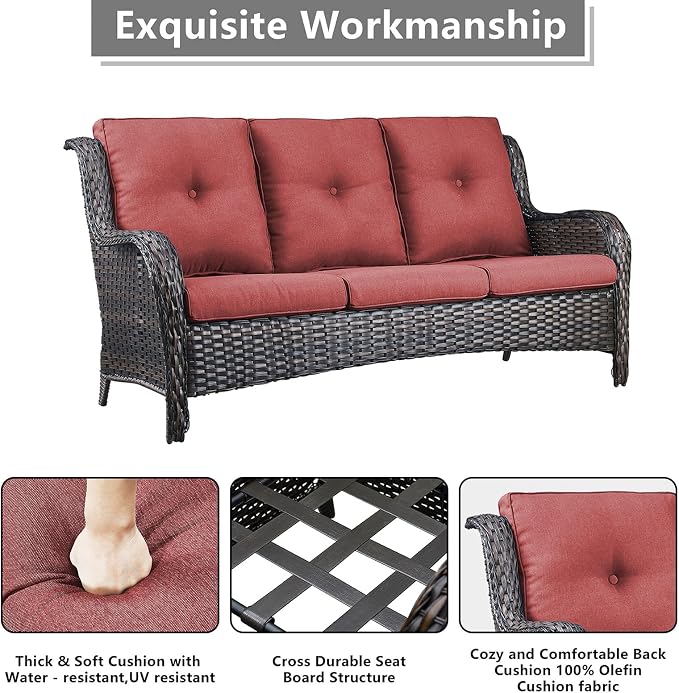Rilyson Outdoor Patio Wicker Sofa 900Lbs Weight Capacity, Large 3 Seater Wicker Patio Couch with 4in Seat Cushions and Deep Seating, All Weather for Backyard, Garden, Poolside (Brown/Red)