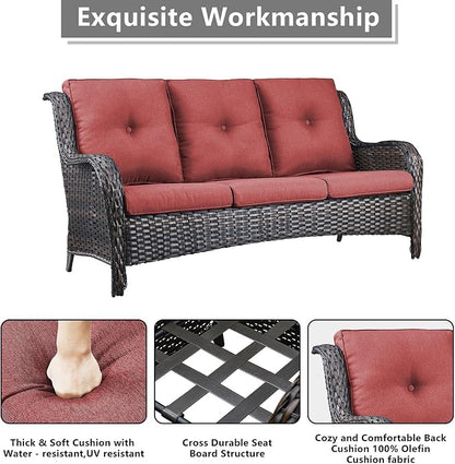 Rilyson Outdoor Patio Wicker Sofa 900Lbs Weight Capacity, Large 3 Seater Wicker Patio Couch with 4in Seat Cushions and Deep Seating, All Weather for Backyard, Garden, Poolside (Brown/Red)